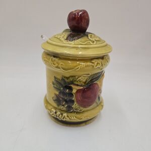 Vintage Lefton Ceramic Fruit Apple Yellow Jelly Jar Honey Mustard Pot Incl Spoon